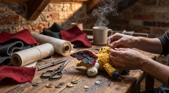 Hands repairing stuffed toy on wooden workbench in workshop
