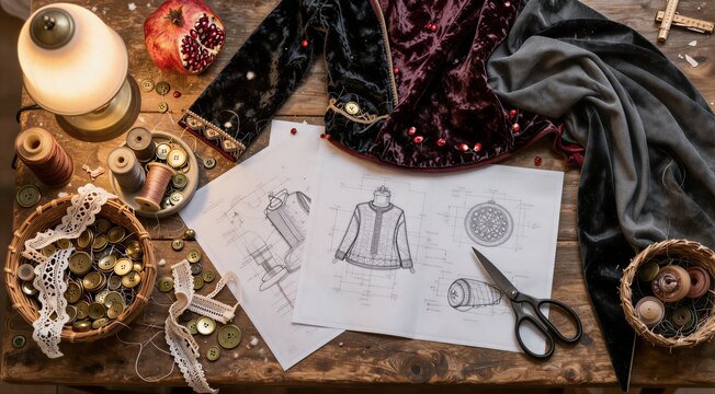 Sewing sketches laid out among fabrics and vintage notions