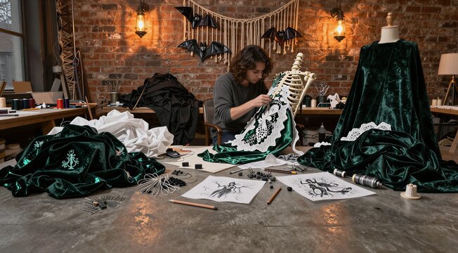 Costume designer sewing skeleton costume in studio workshop