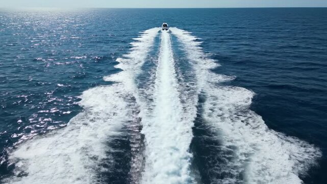 Speedboat cruising across deep blue sea leaving white wake trail from above