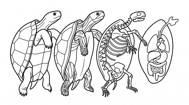 Turtle Internal Anatomy Exploded View Black and White Vector Scientific Illustration