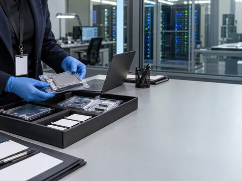 IT technician inspecting hard drive component in data center facility