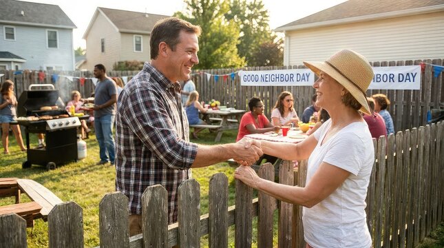 Friendly neighbors exchanging handshake over wooden fence in suburban backyard