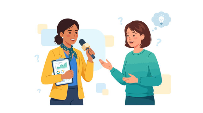 Journalist interviewing woman with new idea, illustration of communication, research, and innovation