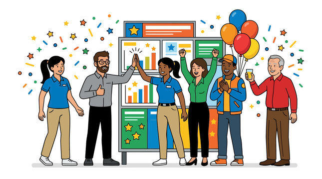 Diverse Team Celebrating Success with High Fives, Balloons, and Confetti