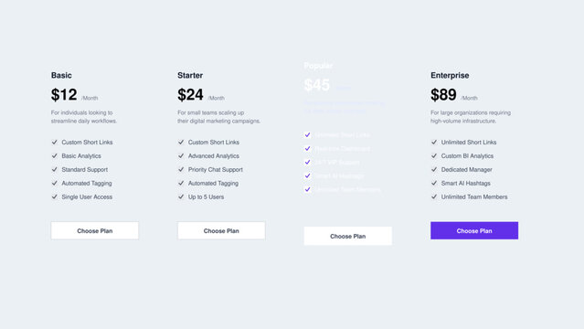 Website pricing table interface design with multiple subscription plans and options