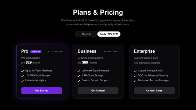 Website plans and pricing table UI design template with multiple subscription options