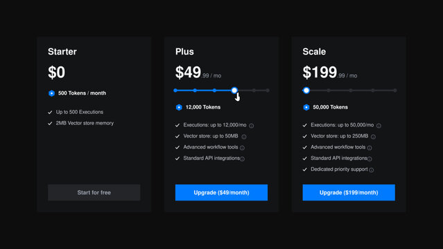 Pricing plans interface showing subscription tiers and cost options with dark mode design