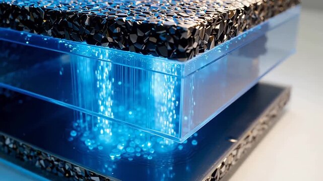 Layered Solid State Battery Cross-Section: Ion Flow Through Cathode, Electrolyte, Anode