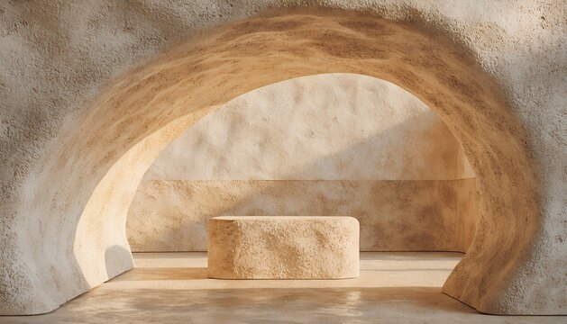Minimalist stone podium display, textured beige cave studio background, organic stone pedestal for product presentation, neutral warm showcase