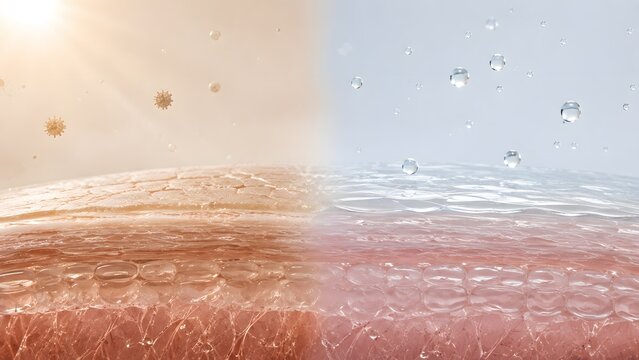 Split concept of dehydrated and hydrated skin with water drops