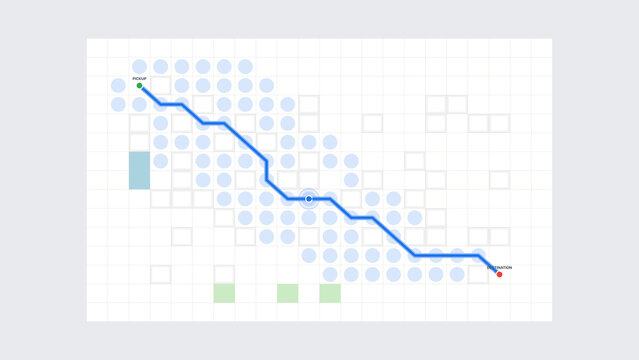 Light theme Path finding algorithm route map with optimal blue path connecting start to end node