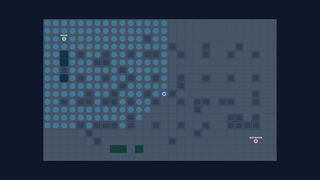 Dark theme heuristic  algorithm pathfinding  grid visualisation with node connections and start end points 