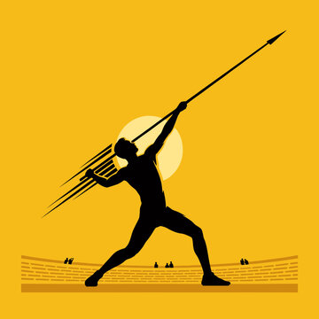 Javelin thrower athlete throws spear in stadium against sun on yellow background.