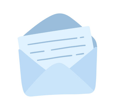 Vector illustration of an open blue envelope with a letter. Flat isolated mail icon for messaging, email and correspondence.
