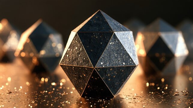 Geometric icosahedron figurines with speckled metallic texture catch warm ambient light on a reflective surface.