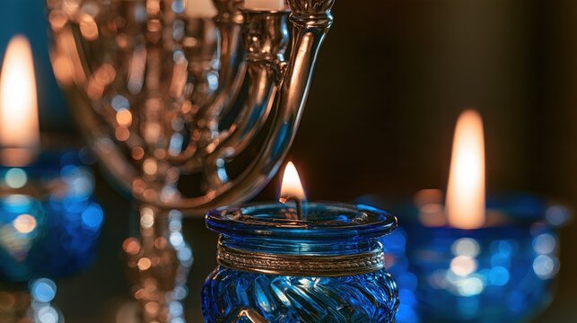 Blue glass candle holder with a flickering flame illuminates a traditional silver menorah during Jewish festive celebrations.