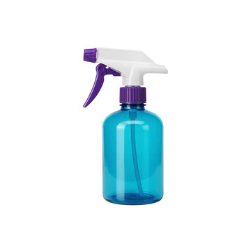 Blue plastic spray bottle with a white and purple trigger mechanism isolated on transparent background