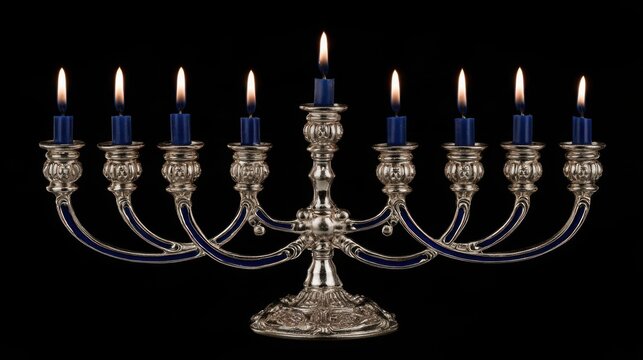 Silver menorah with burning blue candles glows brightly against a dark studio background during the Jewish holiday of Hanukkah.