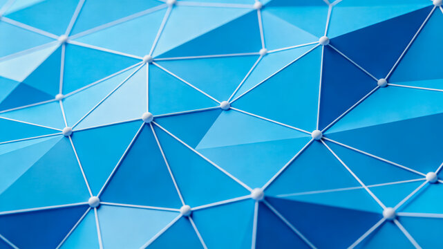 A 3D rendered abstract low poly geometric network pattern in varying shades of blue, showing connected triangular polygons.