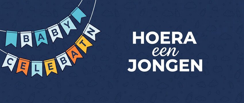 Dutch baby boy announcement banner background with Hoera een jongen text hanging colourful party bunting flags typography and festive doodle pattern for newborn birth celebration party design template