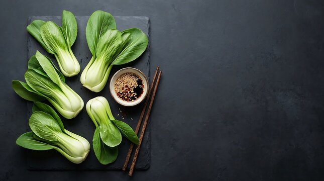 Fresh bok choy leaves arranged on dark slate with soy sauce and chopsticks for healthy meal preparation