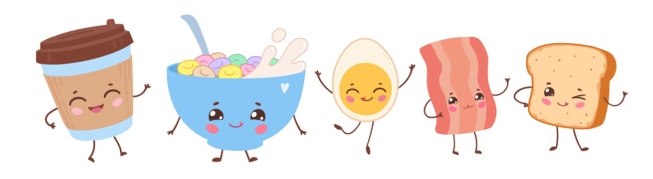 Cute breakfast food characters with coffee, cereal, egg, bacon and toast. Vector isolated illustration.