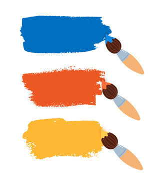 Vector illustration of paint brushes with colorful brushstroke banners. Isolated set with copy space.