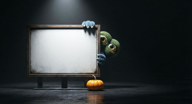 Cute green monster peeking behind blank billboard