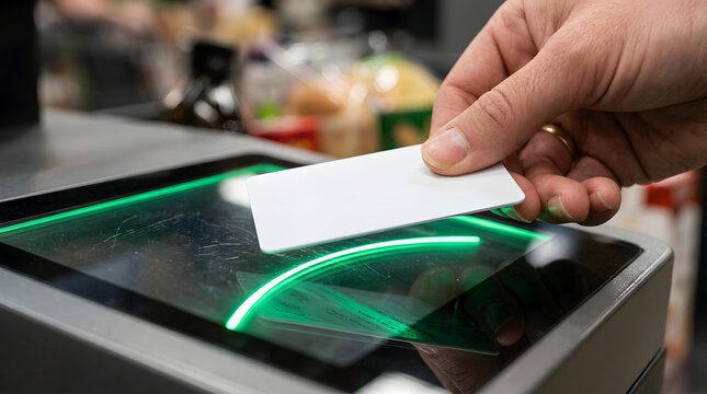 Business professional using contactless card reader for secure payment transaction at modern retail checkout counter