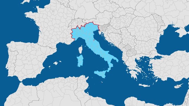Map of italy highlighted in blue with a red border segment and a small red area in the center