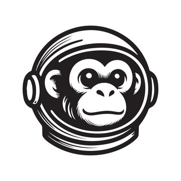 Black and white illustration of a cute monkey wearing a space helmet.