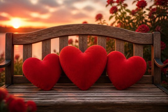 Wooden bench with three heart cushions at lakeside sunset garden