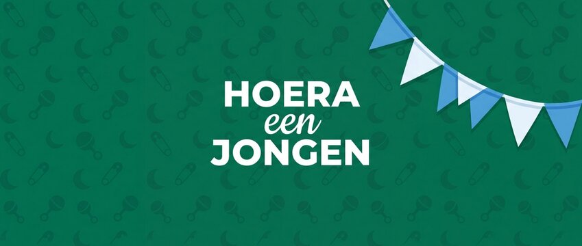 Hoera een jongen baby announcement card background with blue bunting garland hanging on green pattern with baby rattle icon background, Dutch language birth celebration vector banner design