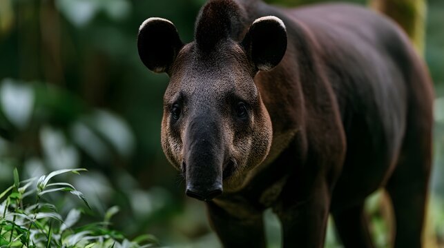 A close up of a tapir standing in a lush green forest  its dark fur and large ears clearly visible as it looks toward the