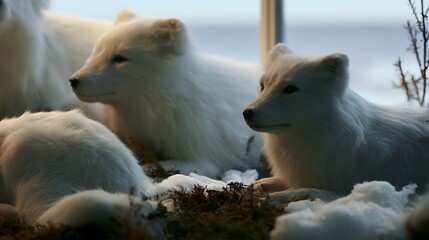 Fototapeta premium White foxes resting peacefully in snowy terrain with soft light and natural mossy ground texture