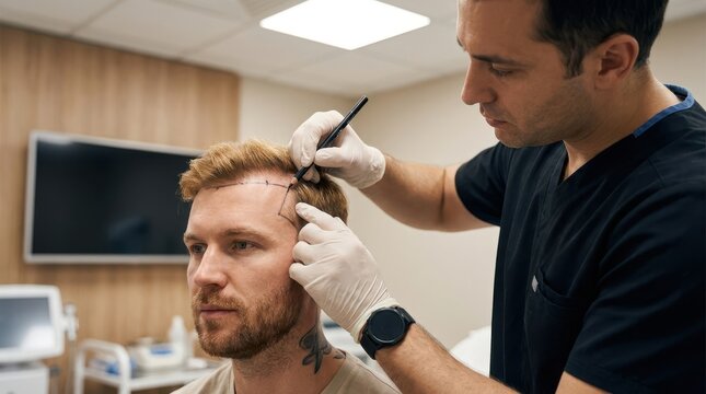 Surgeon marking hairline with pencil on male patient forehead before starting hair transplant surgery room.