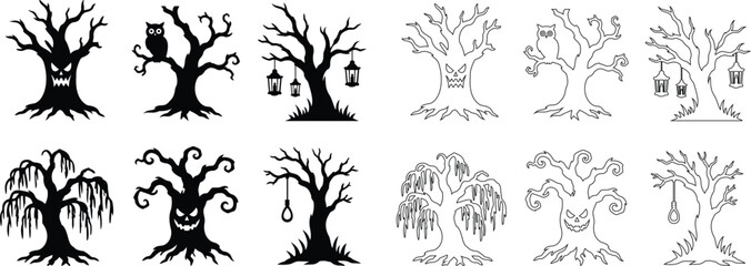 Obraz premium Halloween scary spooky tree dead branch icon set collection in black flat and line style editable creepy monster nature elements group isolated on transparent background for party design vector symbol