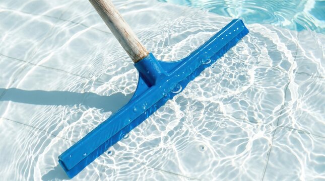 Blue pool brush with wooden handle scrubbing white tiles under clear water for seasonal maintenance routine.