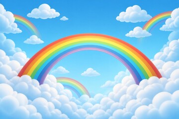 Obraz premium Rainbow arches spanning fluffy clouds in bright blue sky