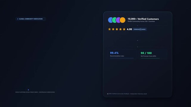 Dynamic social proof stack with cascading avatars and shimmering star rating on dark background, modern customer trust and feedback animation with Open Copy Space Area for branding or marketing text