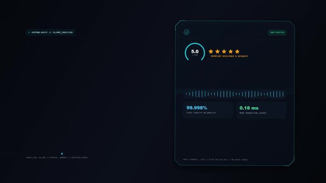Sci-fi holographic rating interface with cybernetic reticle and glowing data display on dark background, futuristic feedback HUD motion with Open Copy Space Area for branding or promotional text