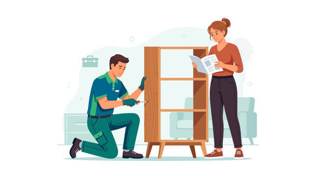 Professional assembler builds bookcase while customer reads instructions, home improvement concept