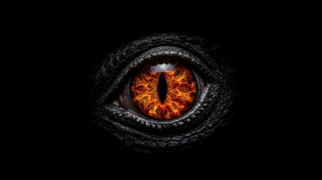 Close up of a dragon eye with glowing fire iris and black scales isolated on a white background