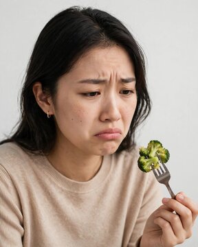 Vertical Minimalist studio portrait of an unhappy young Asian woman looking at broccoli with a disgusted expression, representing picky eating and diet challenges.