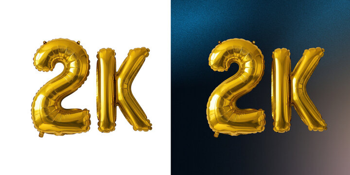 Golden balloon numbers 2k metallic foil isolated on white background art.