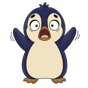 Cute cartoon penguin with wide open mouth looking shocked, vector illustration.
