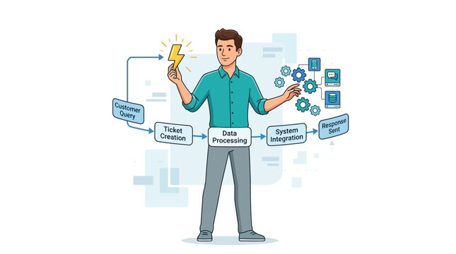 Man orchestrating a digital workflow: Customer query to response system with data processing and integration.