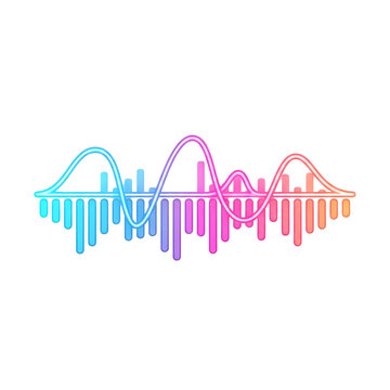 Sound wave equalizer line art displays vibrant neon gradient colors on a transparent background.