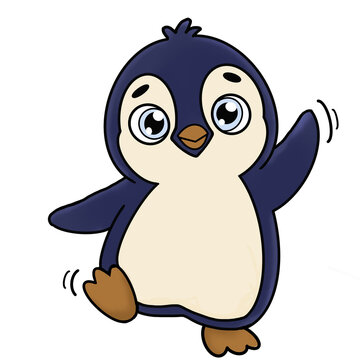 Cute cartoon penguin waving hand and dan Scing happily, vector illustration.